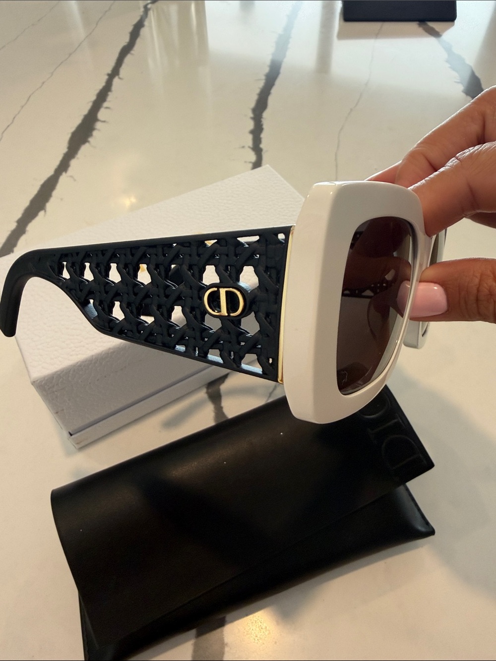Dior White Front Black Cutout Temple Sunglasses with Gold CD Accent